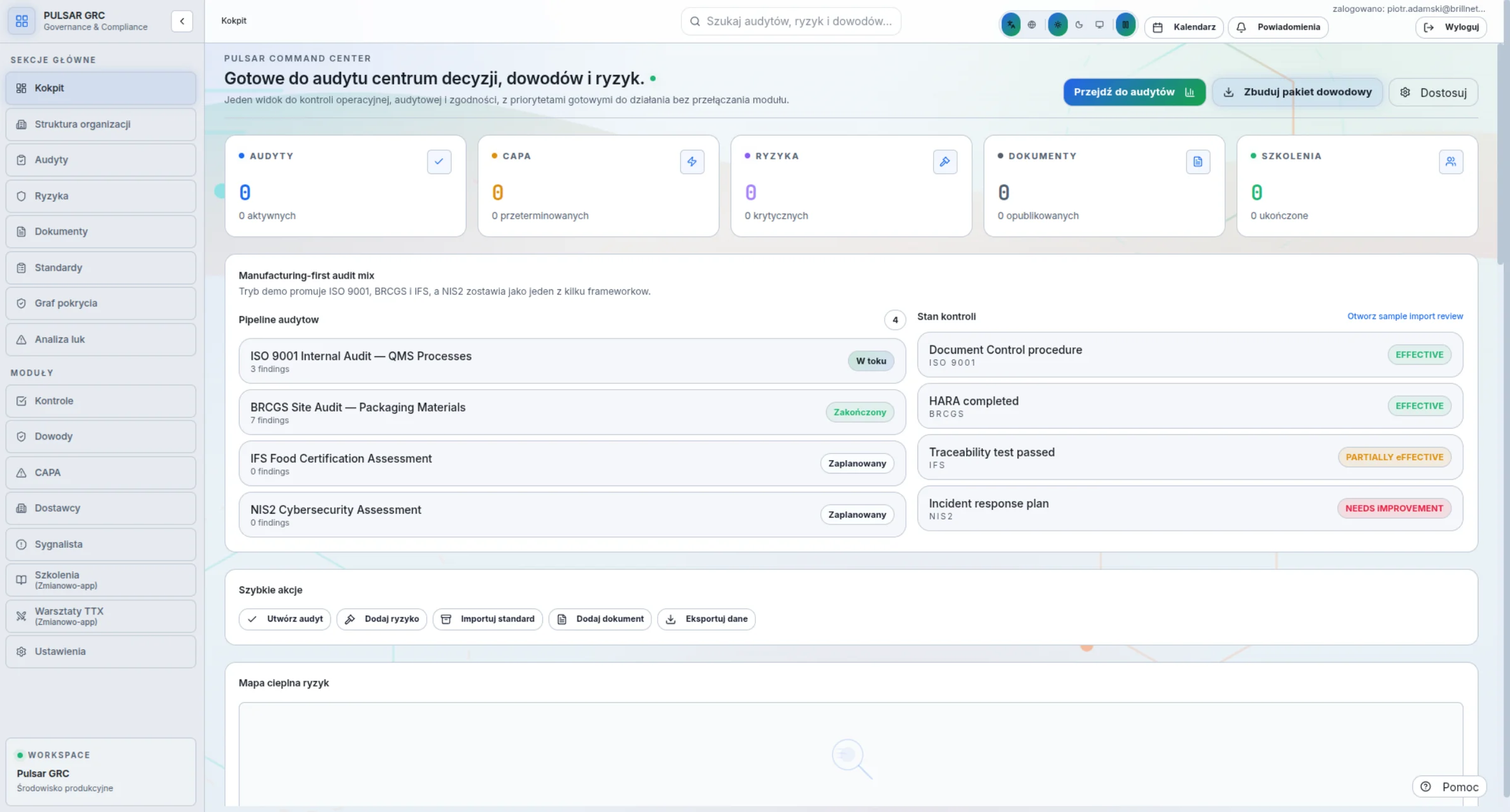 Pulsar GRC Dashboard - KPI, compliance trend, risk distribution